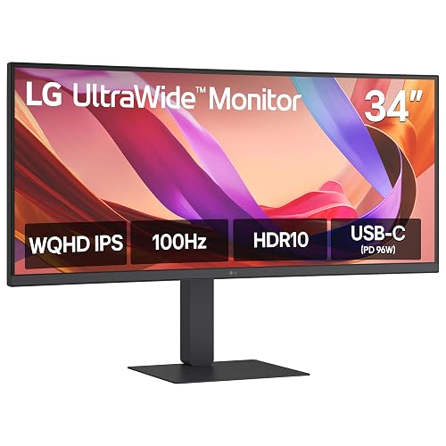 LG 34U650A-B 34-inch UltraWide WQHD (3440 x 1440) IPS Curved Wide Computer Monitor, 100Hz, HDR10, Built-in Speaker, HDMI, DisplayPort, USB Type-C PD 96W, Tilt/Height/Swivel Adjustable Stand, Black
